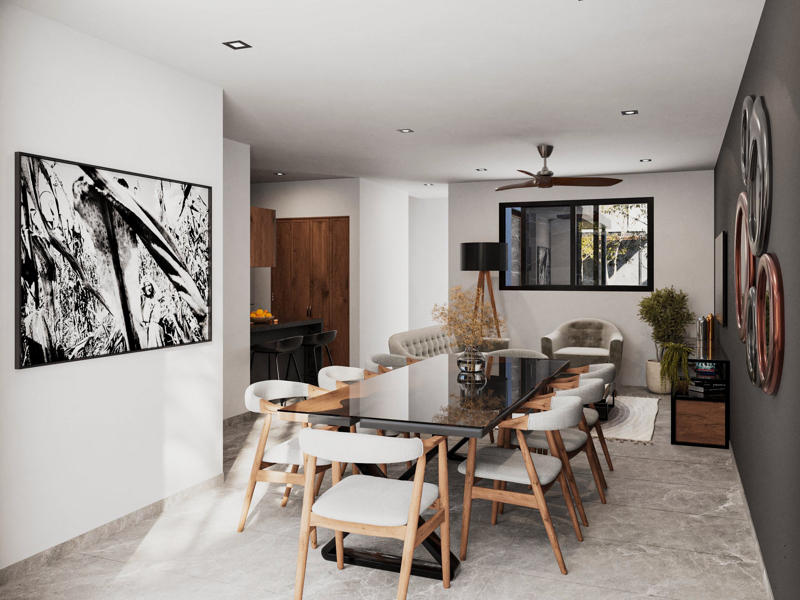 Sala y comedor de los Townhouses de Ciudad Central Mérida